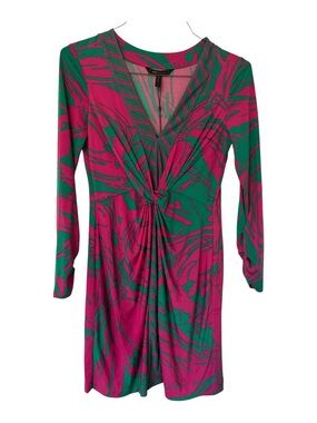 BCBGMAXAZRIA Women’s Small Pink Green Tropical Print Twist Knot V-Neck Dress